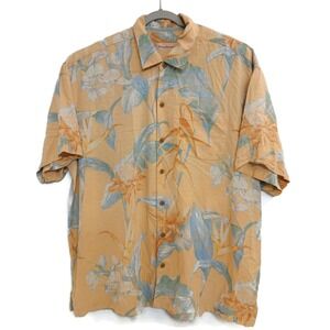 Tommy Bahama Shirt Mens 2XL Tan Silk Hawaiian Aloha Camp Button Front Tropical‎